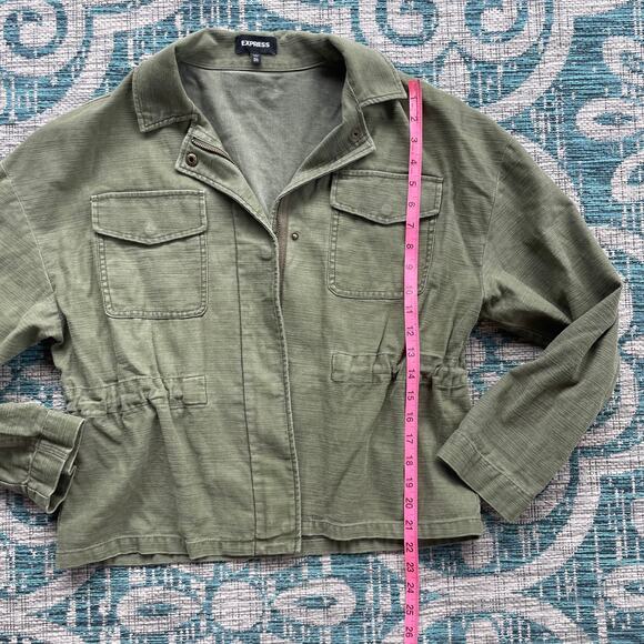 Express Olive Green Utility Jacket Drawstring Waist Button Front‎ -Size Large - Picture 4 of 8